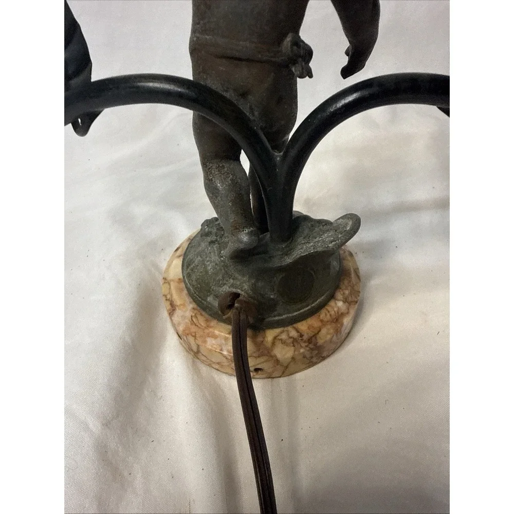 VTG Figural Cherub Double Arm Table Lamp Spelter Marble Base Art Nouveau Style